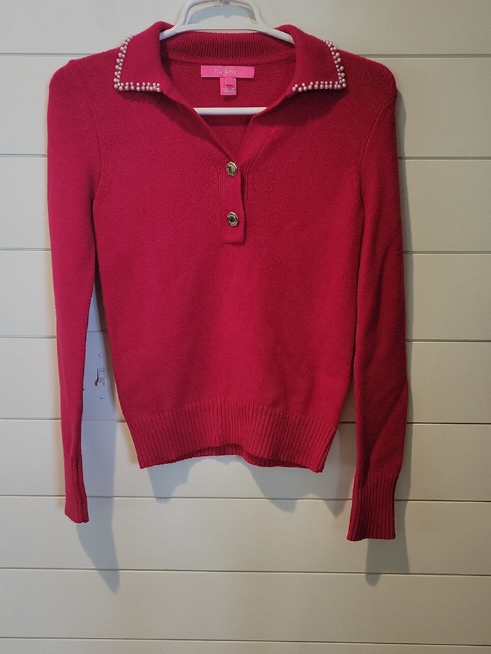 Lilly Pulitzer Lizona Faux Pearl-trim V-neck Sweater  XXS  Poinsetta Red